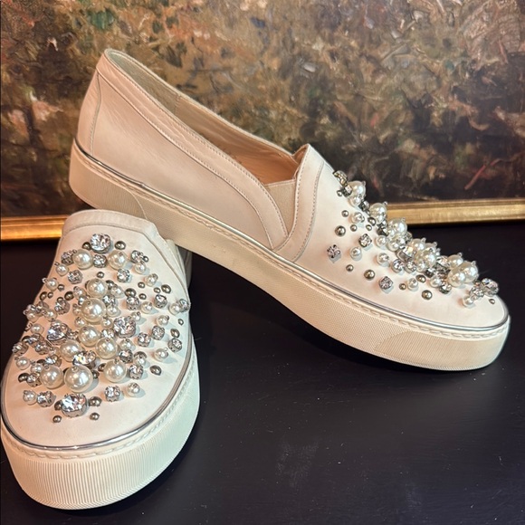 $498 Stuart Weitzman Cream White Crystal Pearl Sneakers Size 8.5 - Picture 6 of 11
